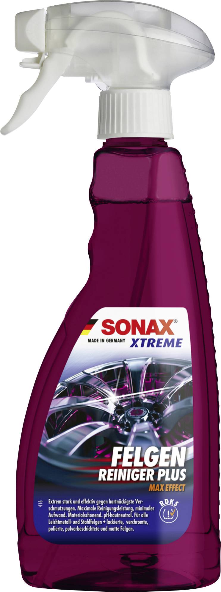Spray bottle with a red liquid labeled 'Sonax Xtreme Felgen Reiniger Plus'. Designed for wheel cleaning, emphasizing powerful effect.
