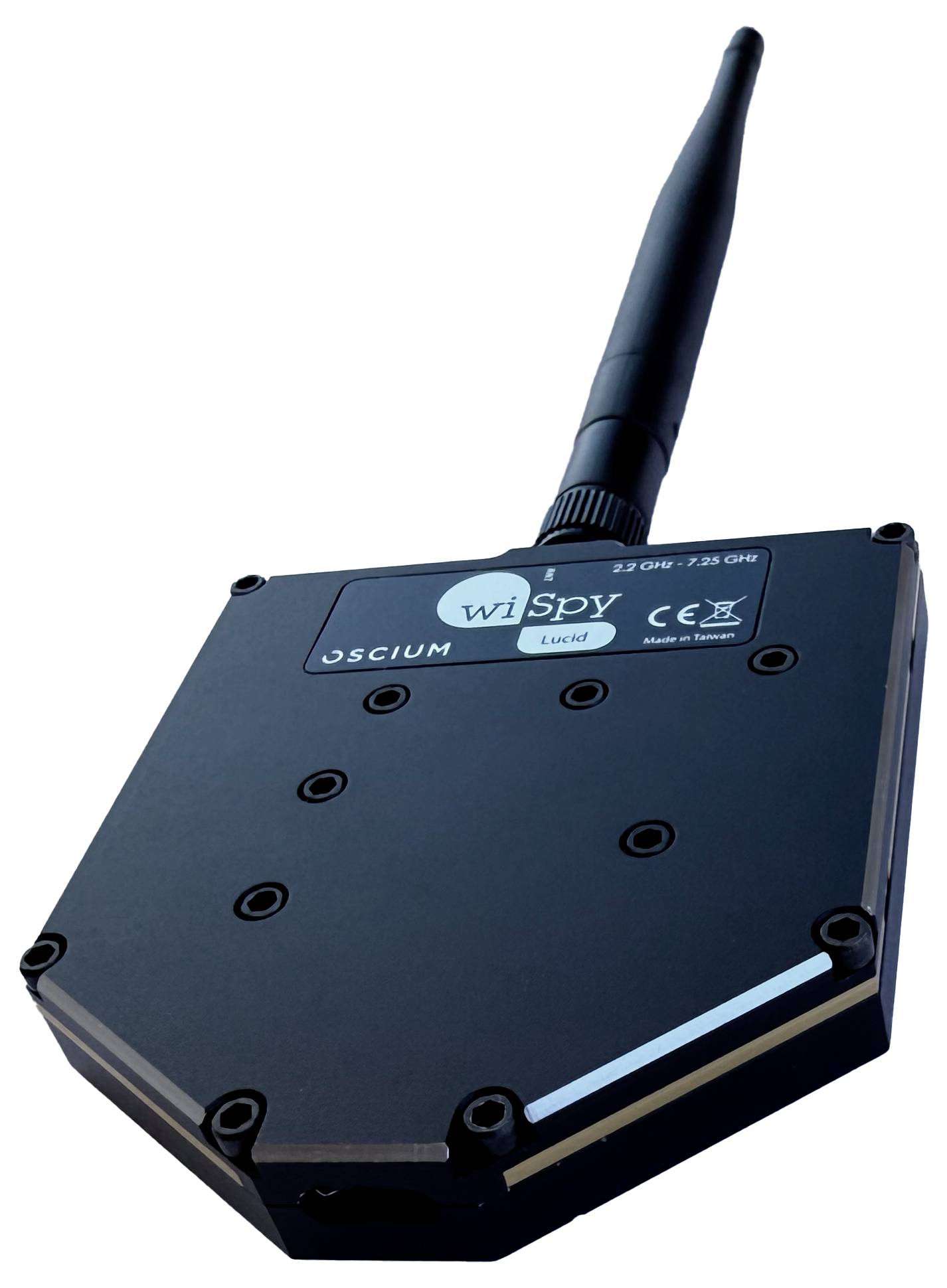 A black wireless device with an antenna and hexagonal shape, labeled 'Wi-Spy', designed for spectrum analysis and signal detection.