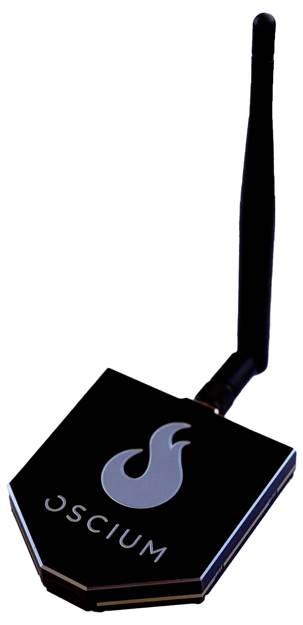 A black device with an antenna, featuring a flame logo and the word 'Oscium' on the front, likely a wireless technology accessory.