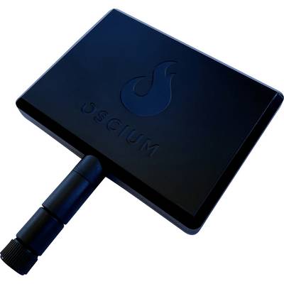 A black, rectangular electronic device with the word 'OSCIUM' and a spiral logo. It has an adjustable antenna attached at the bottom.