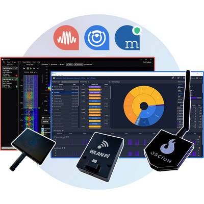 'Wi-Fi analysis software interface with spectrum graphs and device icons, including WLAN Pi and Oscium adapters, showcasing network tools.'