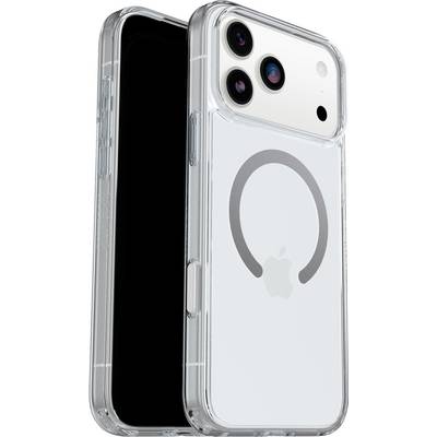 Clear phone case for a smartphone. The back features a circular design with an Apple logo, compatible with MagSafe accessories.