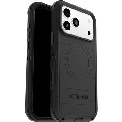 A sturdy black OtterBox phone case designed for dual-camera smartphones, featuring reinforced corners and a textured back for grip.