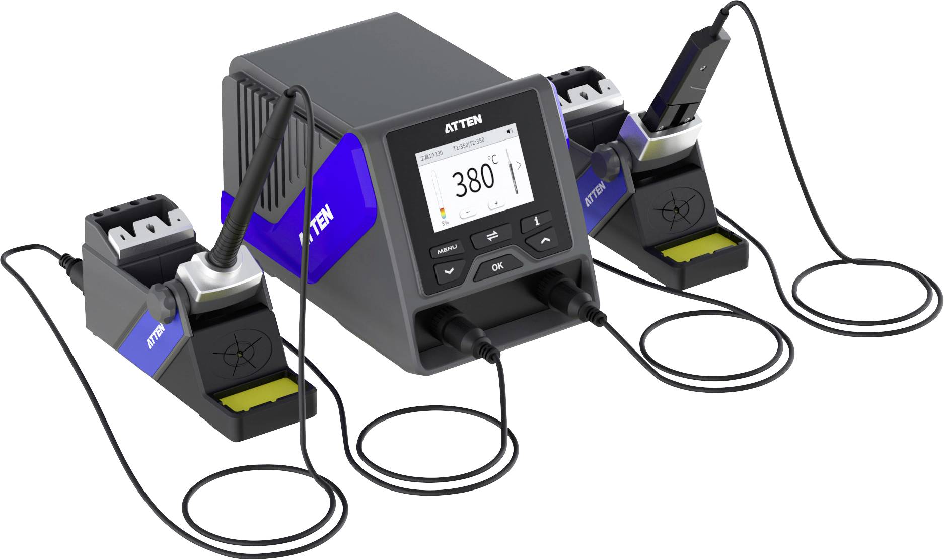 'ATTEN soldering station with multiple connected soldering irons and a digital display showing 380°C.'
