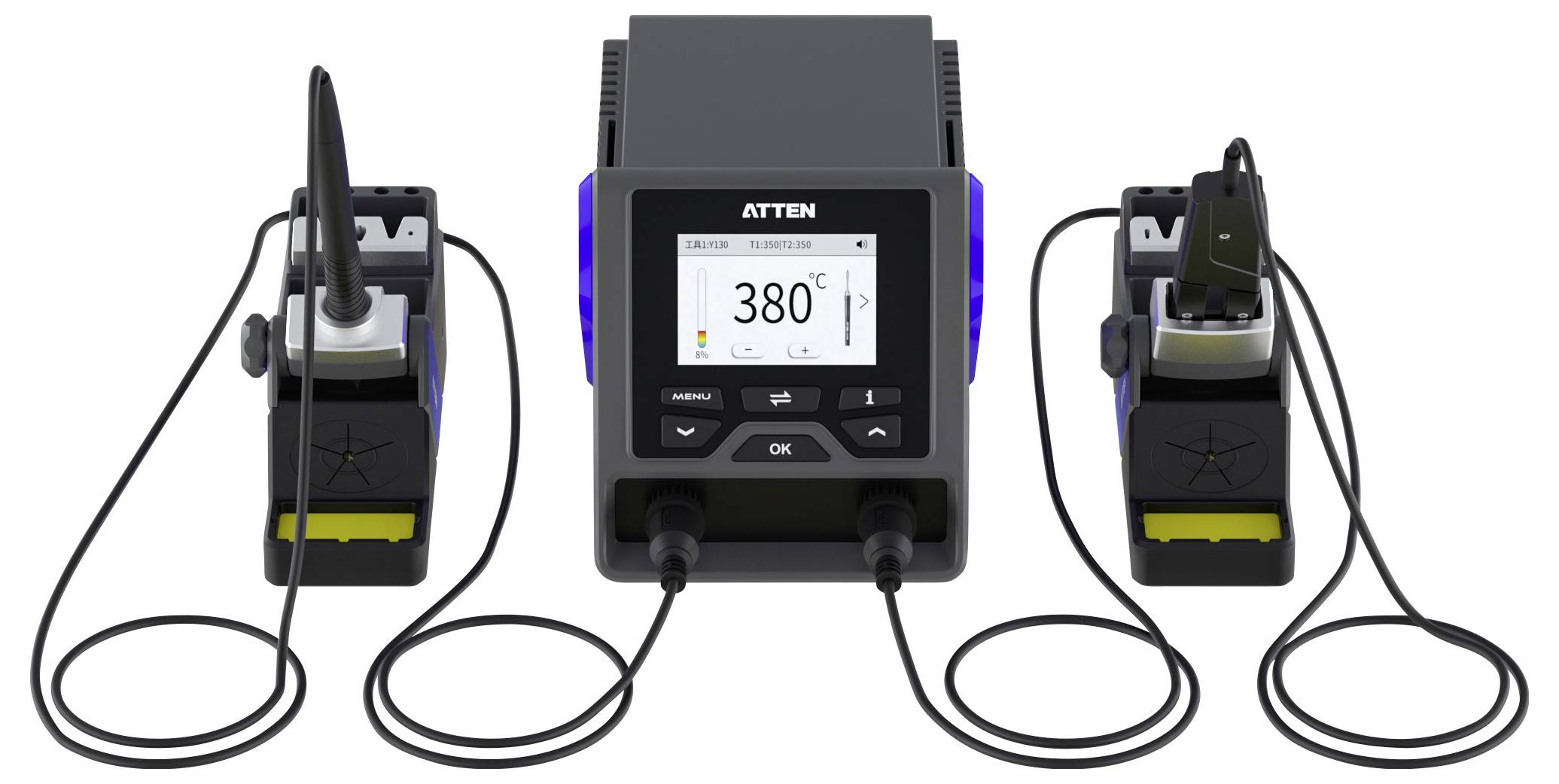 A digital soldering station displaying '380°C' on the screen, with two connected tools on either side, each resting on holders.
