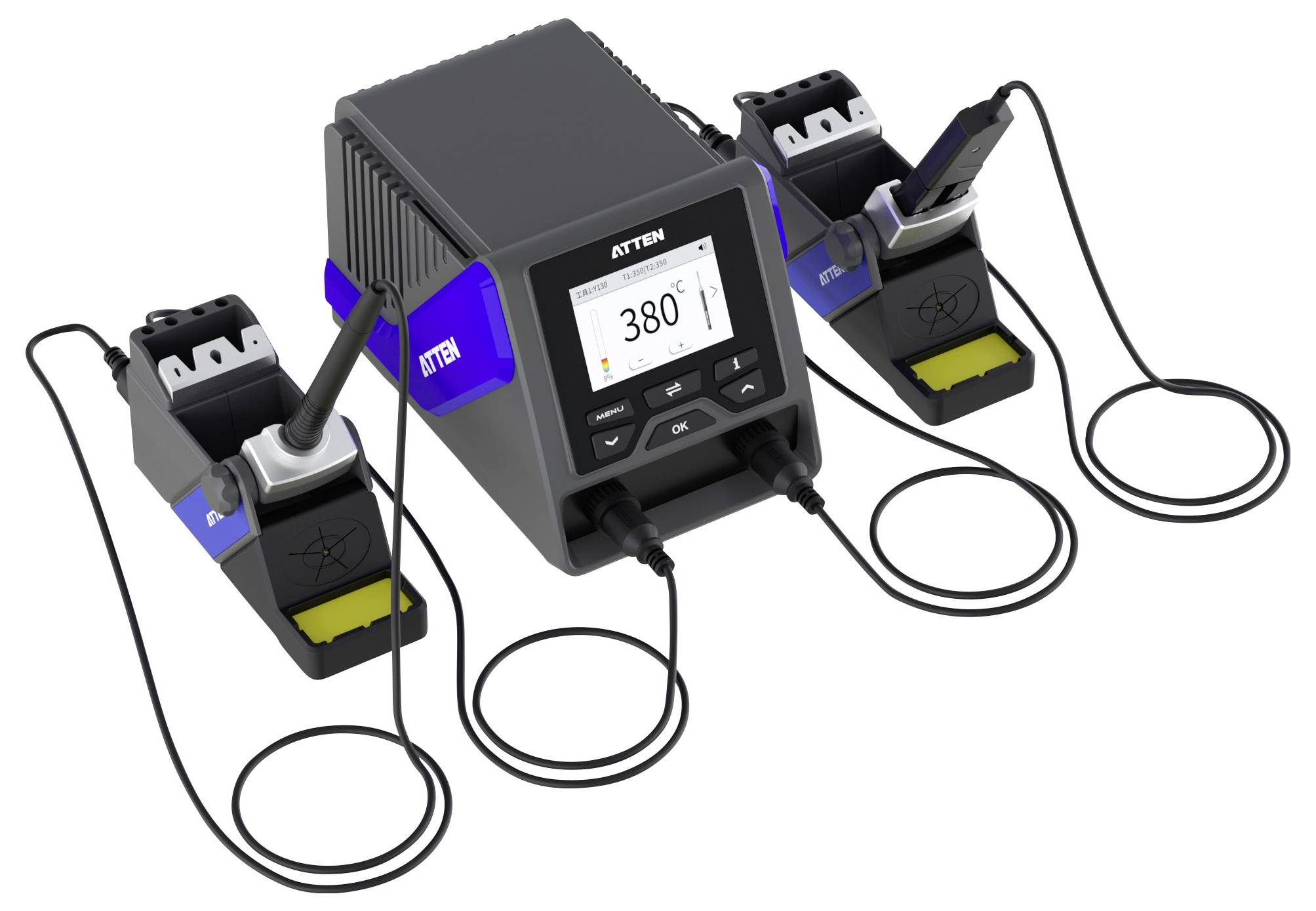 'Soldering station set with digital temperature display, two soldering irons in holders, and connecting cords.'