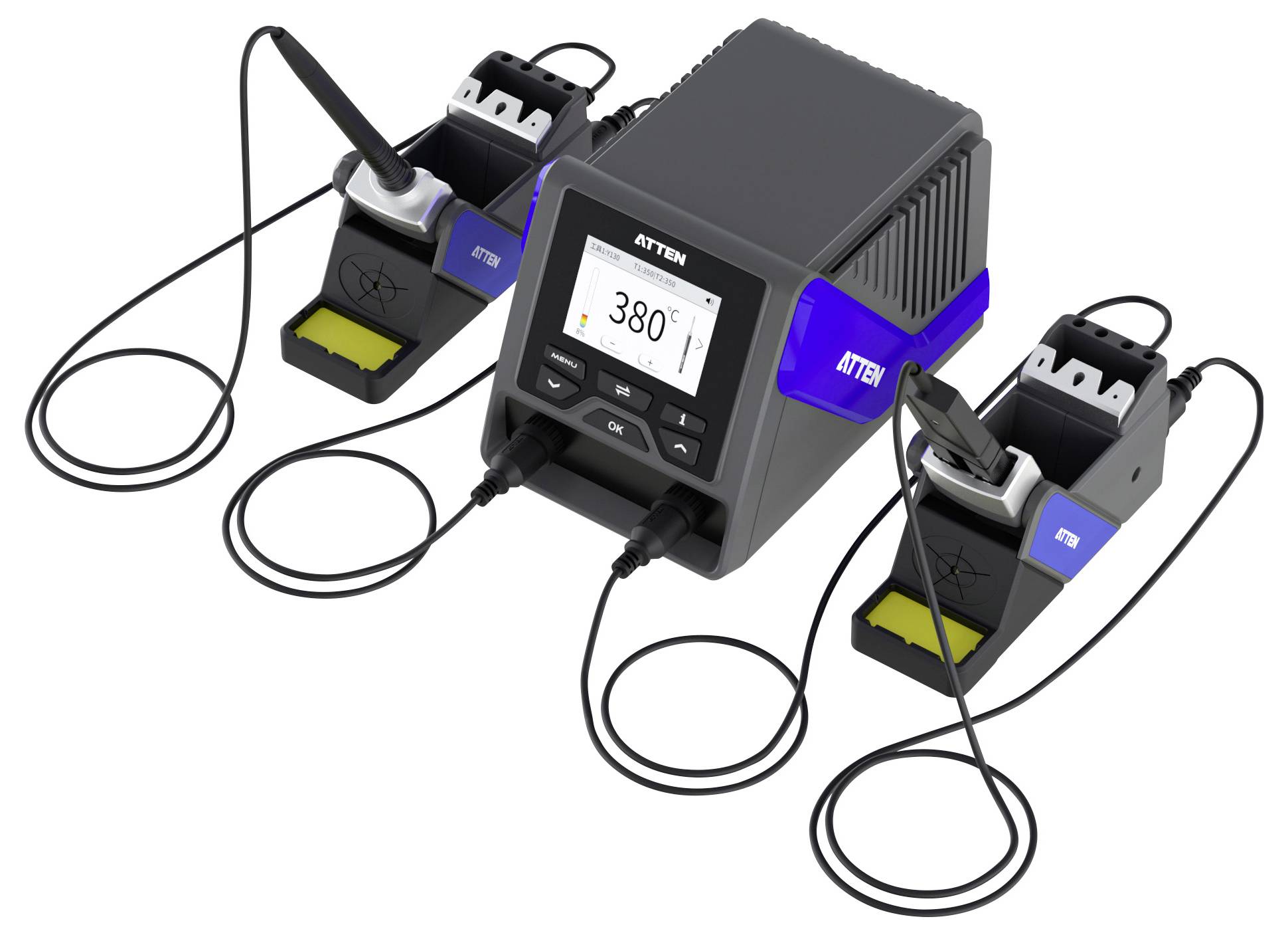 'Soldering station with digital display showing 380°C, two soldering irons in holders, each connected to the main unit.'
