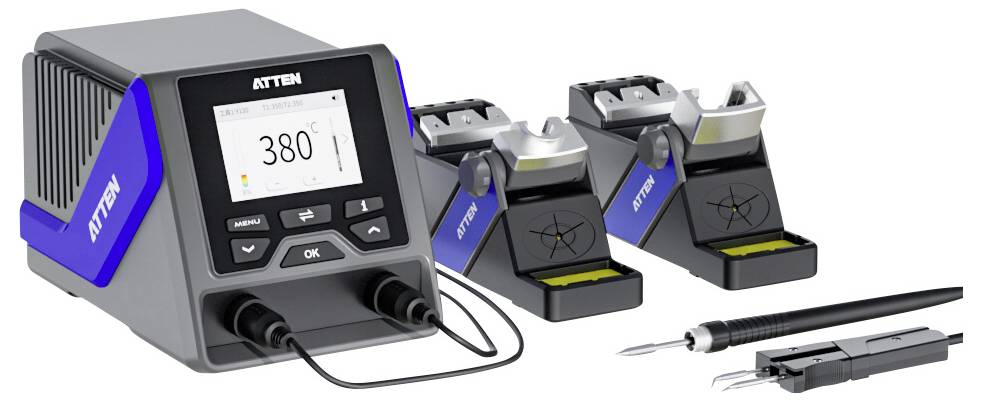 'Soldering station with digital display set to 380°C. Includes dual soldering pencils, two holders, and control buttons for adjustment.'