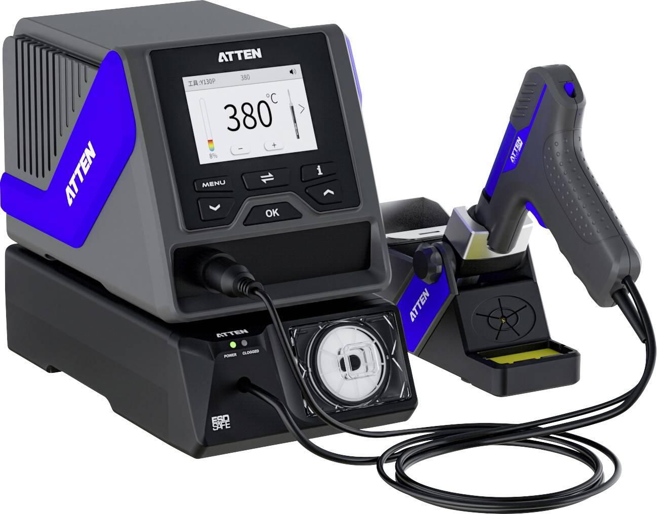 'Soldering station with digital display showing 380°C, includes soldering iron placed in stand, manufactured by ATTEN.'