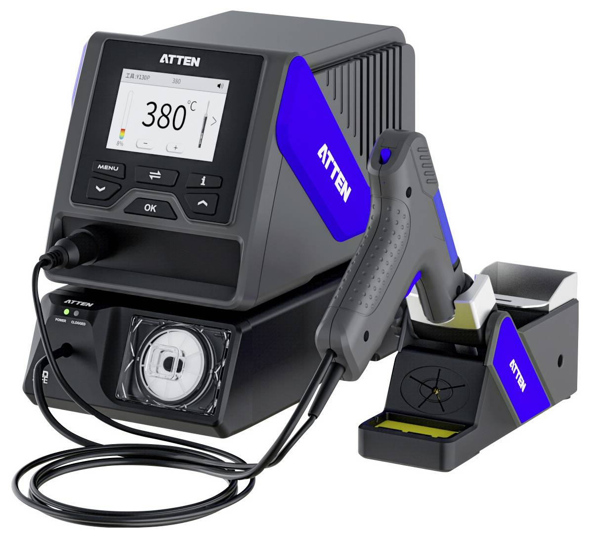 'Soldering station with digital temperature display set to 380°C, includes control unit, soldering iron with stand, and power cable.'