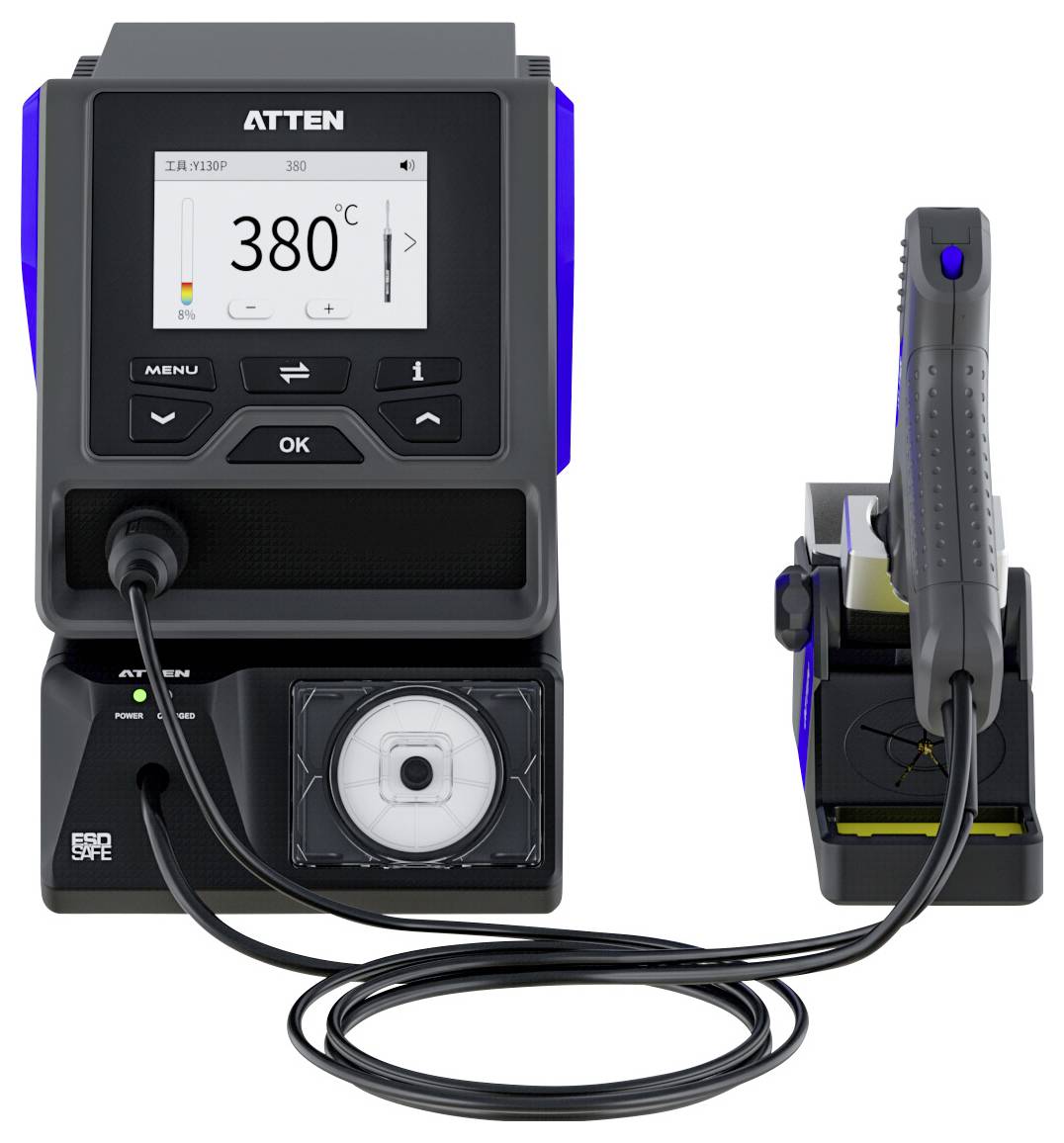 'Soldering station with digital display showing a temperature of 380°C, attached soldering iron in holder on the right side.'