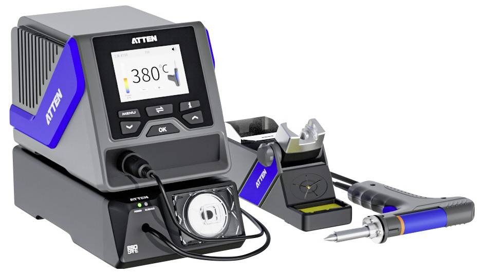 Digital soldering station with temperature reading '380°C', featuring a blue and black design. Includes soldering iron, stand, and control panel.
