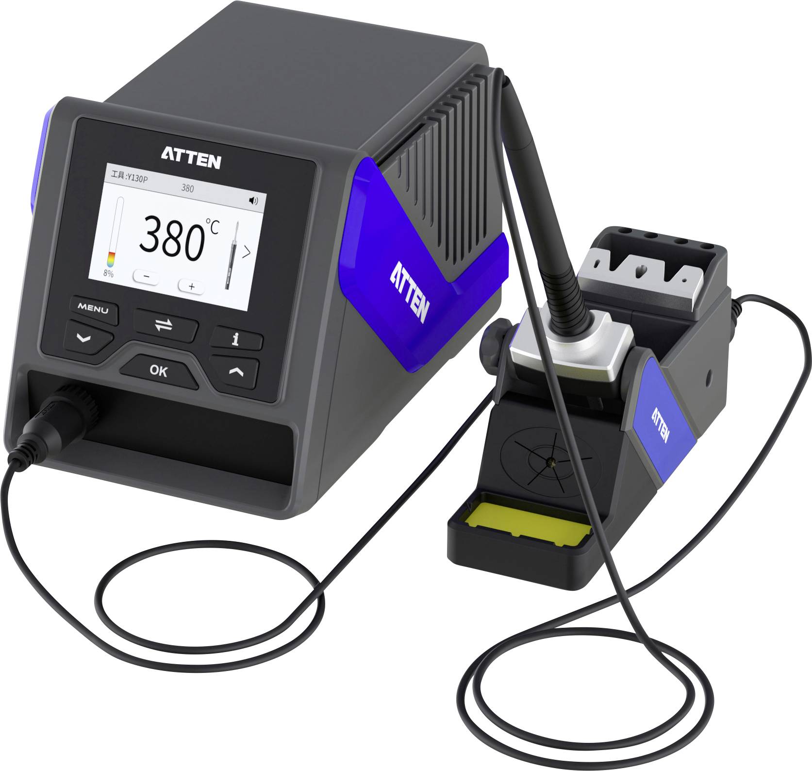 Soldering station with an LCD displaying '380°C', a connected soldering iron, and a holder.