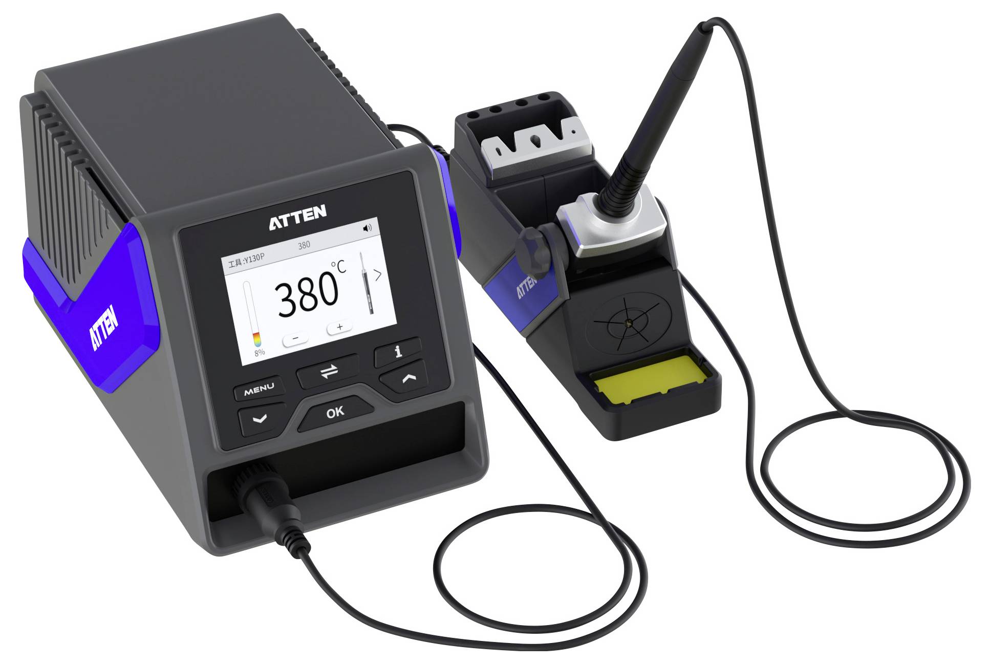 A soldering station with digital display showing '380°C', connected soldering iron, and stand. Designed for electronic soldering projects.
