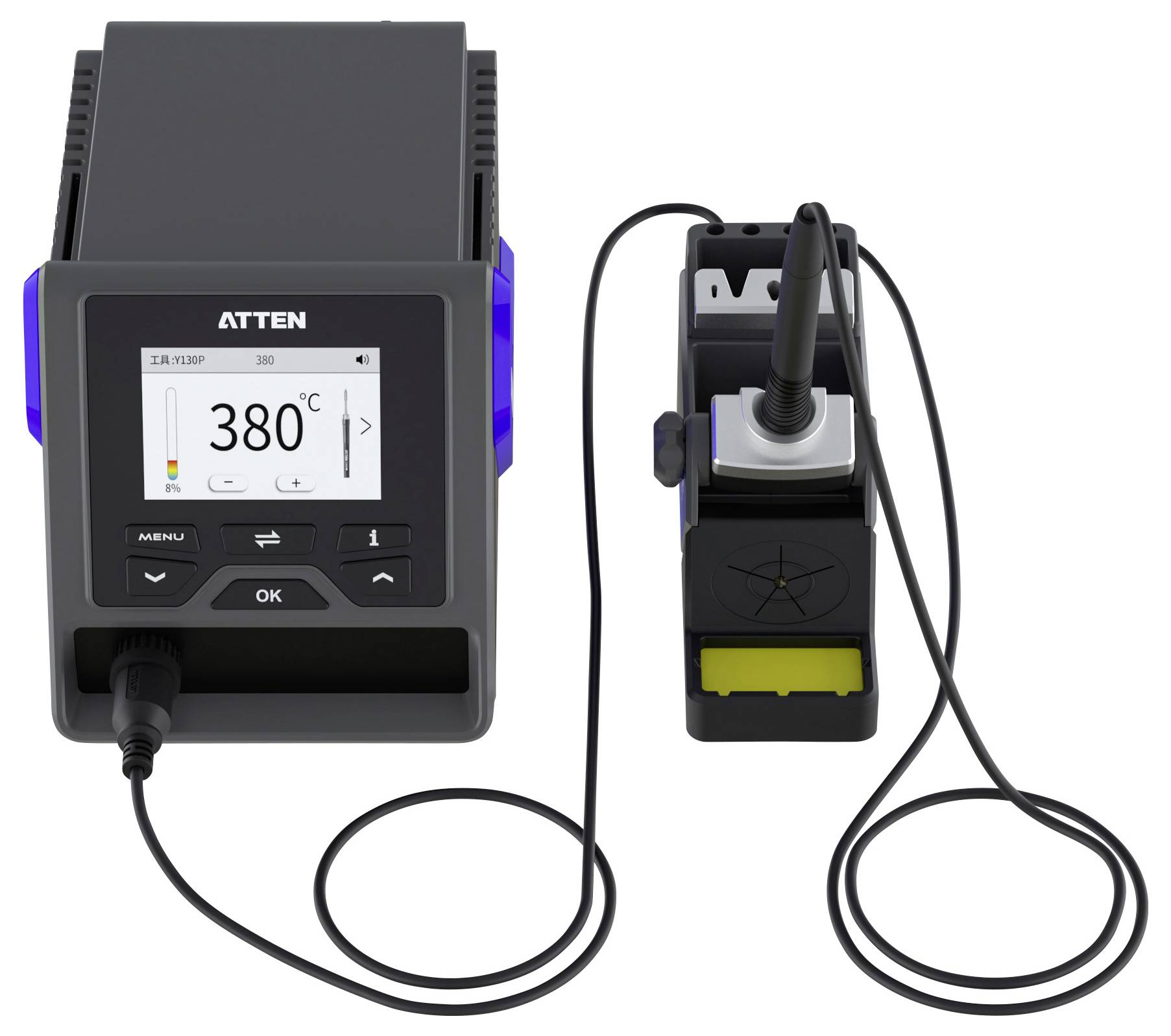 'Soldering station with digital display set to 380°C, connected iron on holder, labeled Atten, suitable for precision electronics work.'