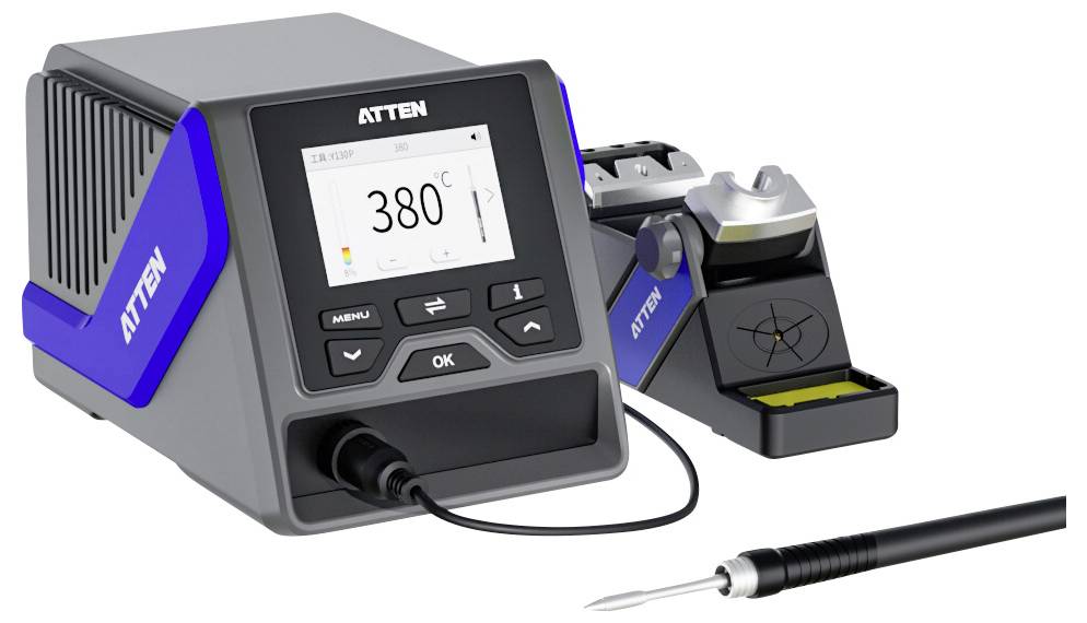 'Soldering station with digital temperature display showing 380°C, accompanied by a soldering iron and stand.'