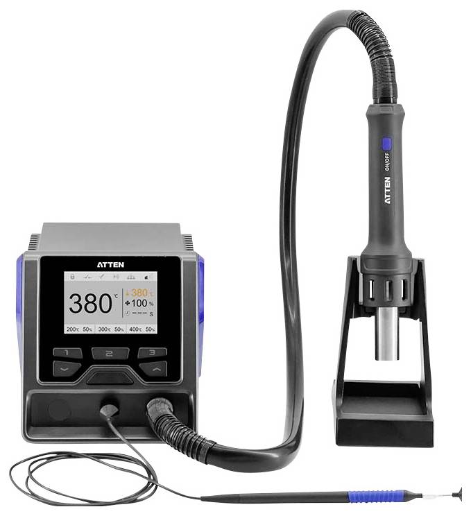 'Soldering station with digital display showing 380°C; includes a holder and soldering iron with attached wire.'