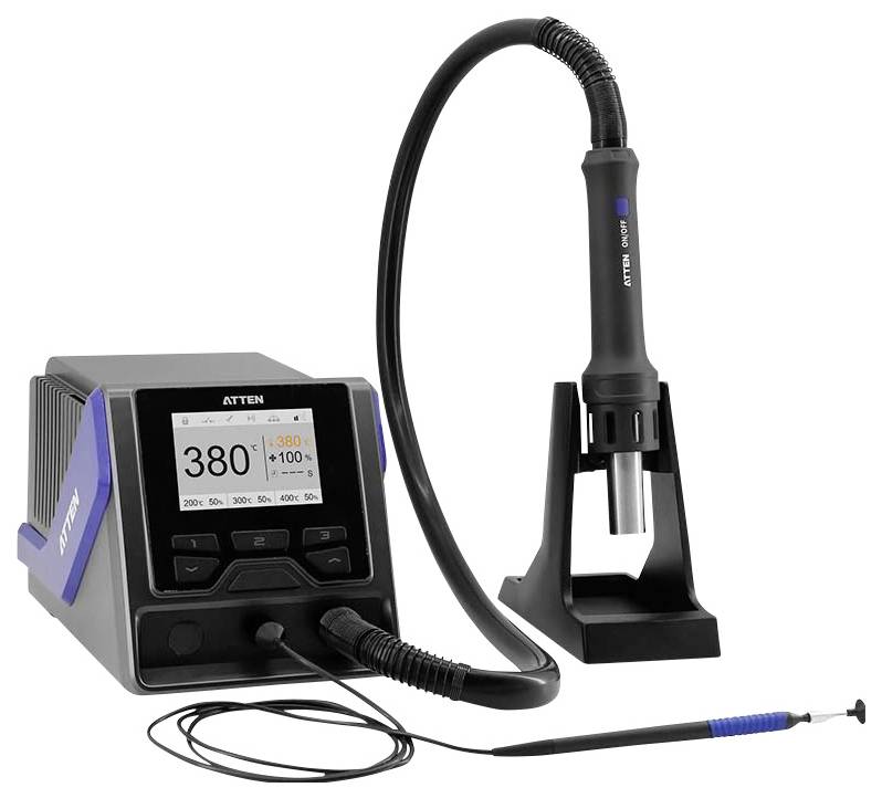 'Soldering station with adjustable temperature display, connected iron and holder, coiled cord, and precision tip tool.'