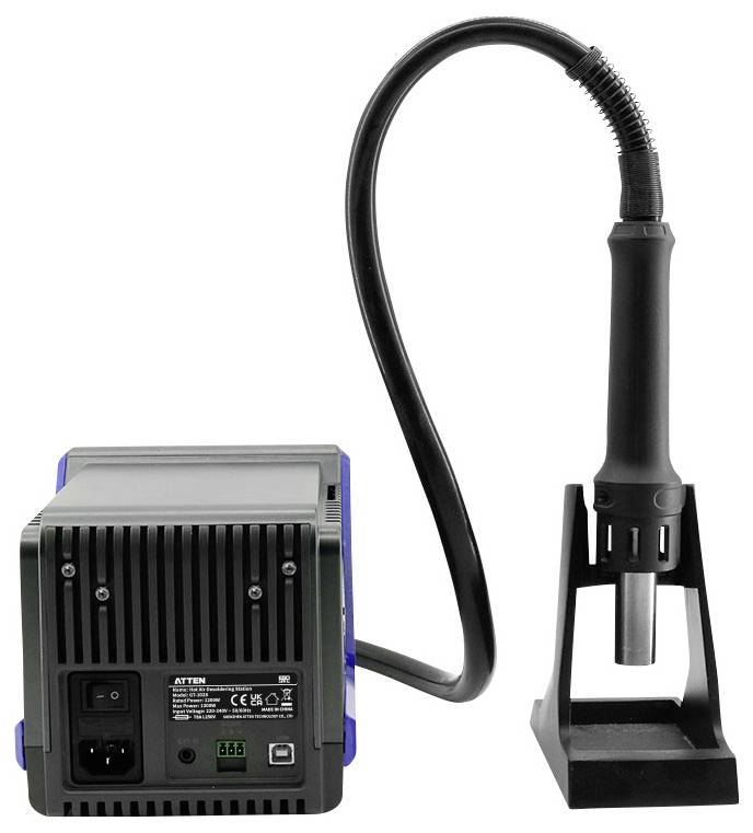 'Hair dryer with stand; black and grey design, featuring a coiled cord connecting to a control box on the left.'