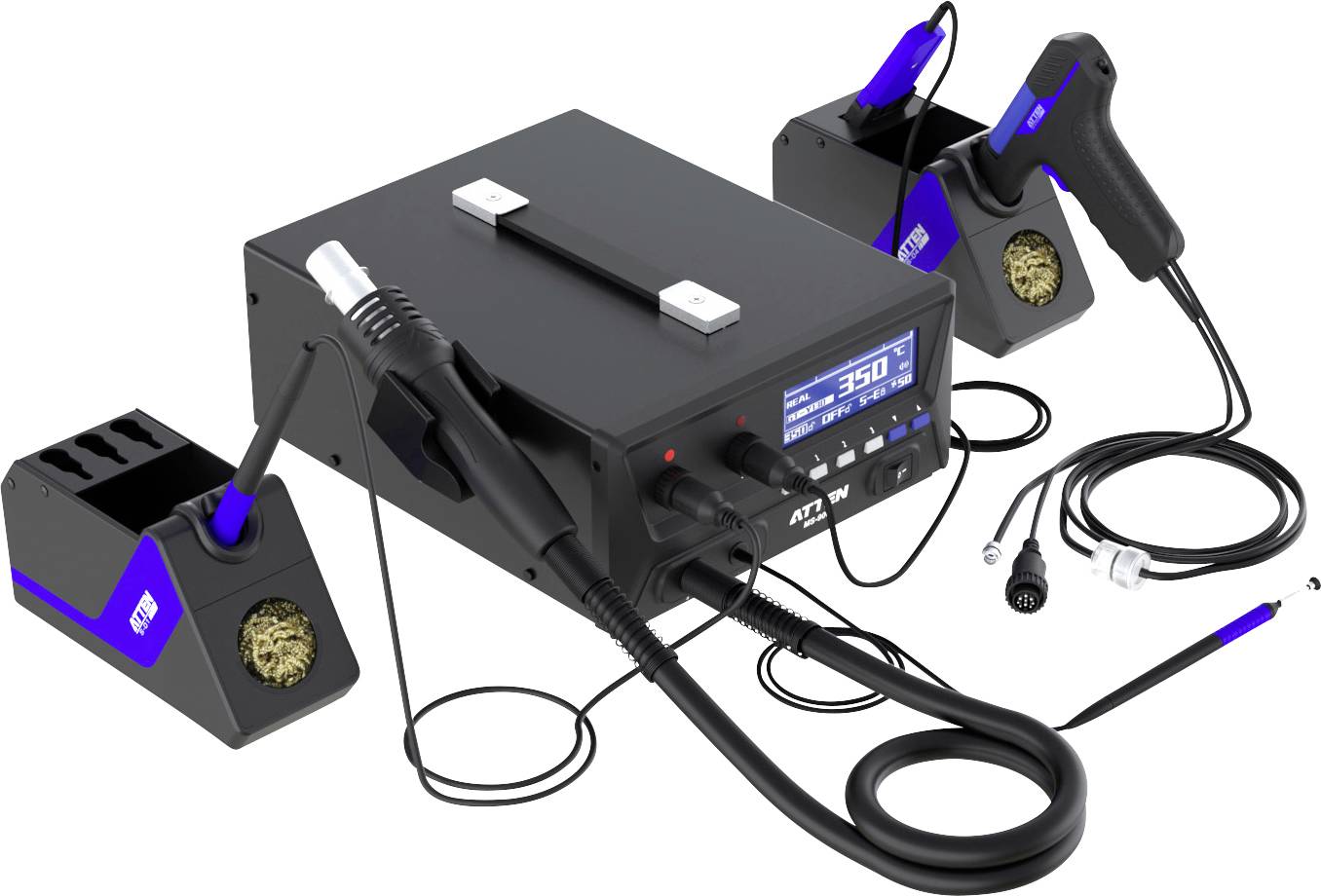 Soldering station with a control unit, two soldering irons, stands, and cables. The display shows a temperature setting of '350'.
