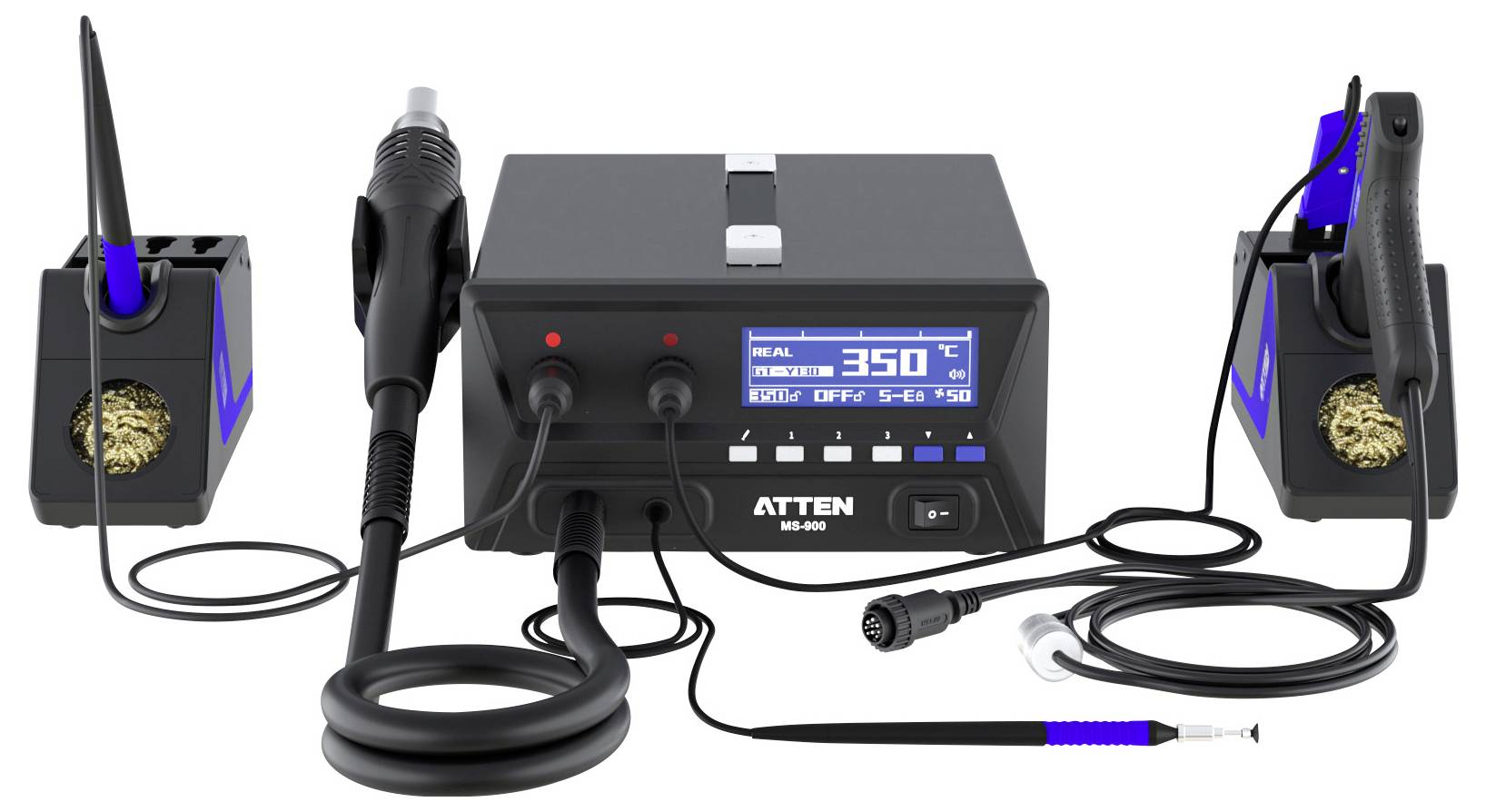 'Soldering station with digital display showing temperature as 350°C, including soldering iron, hot air gun, and cleaning sponges.'