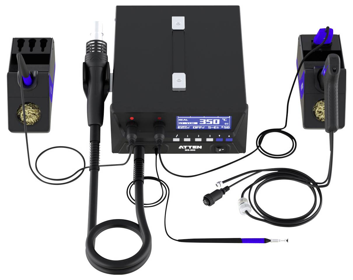 Soldering station setup with a central control unit displaying '350'. Includes soldering iron, hot air gun, and various cables and tools.