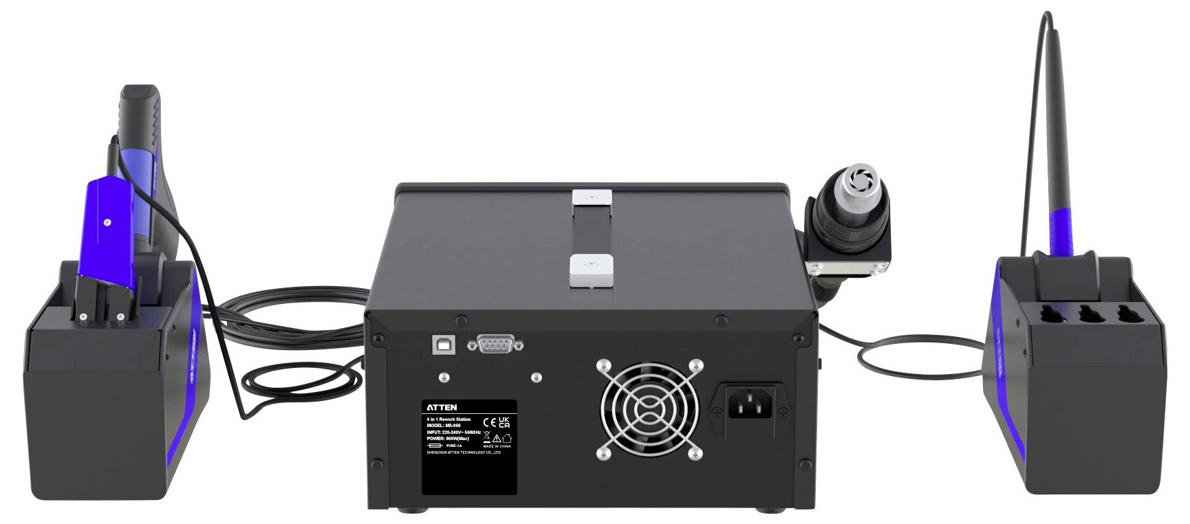 'Soldering equipment set with a central unit and two soldering irons in holders, connected by cables.'