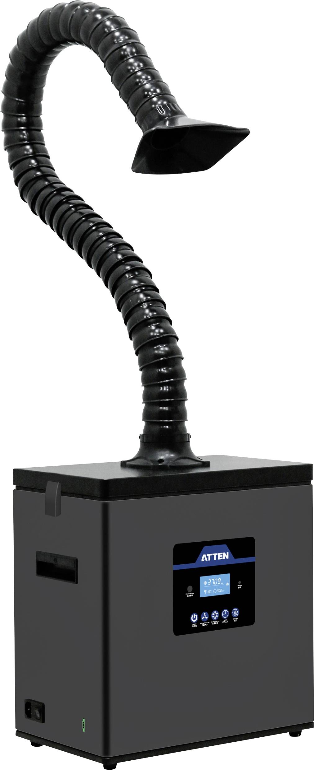 A black, box-shaped air purifier or fume extractor with a flexible, extended hose and a square nozzle, situated against a plain background.