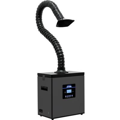 A black, box-shaped air purifier or fume extractor with a flexible, extended hose and a square nozzle, situated against a plain background.