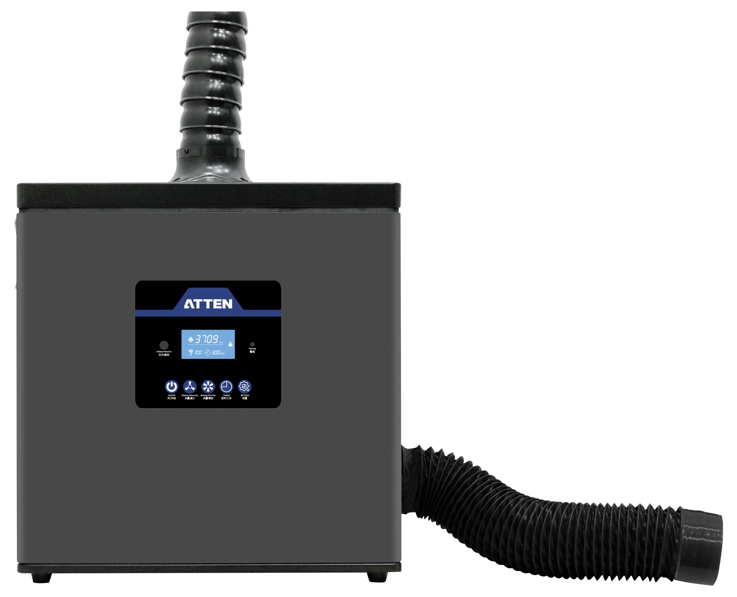 A black ATTEN air filtration unit with a digital display and a flexed exhaust hose is shown. The screen indicates '217.9' reading in blue.