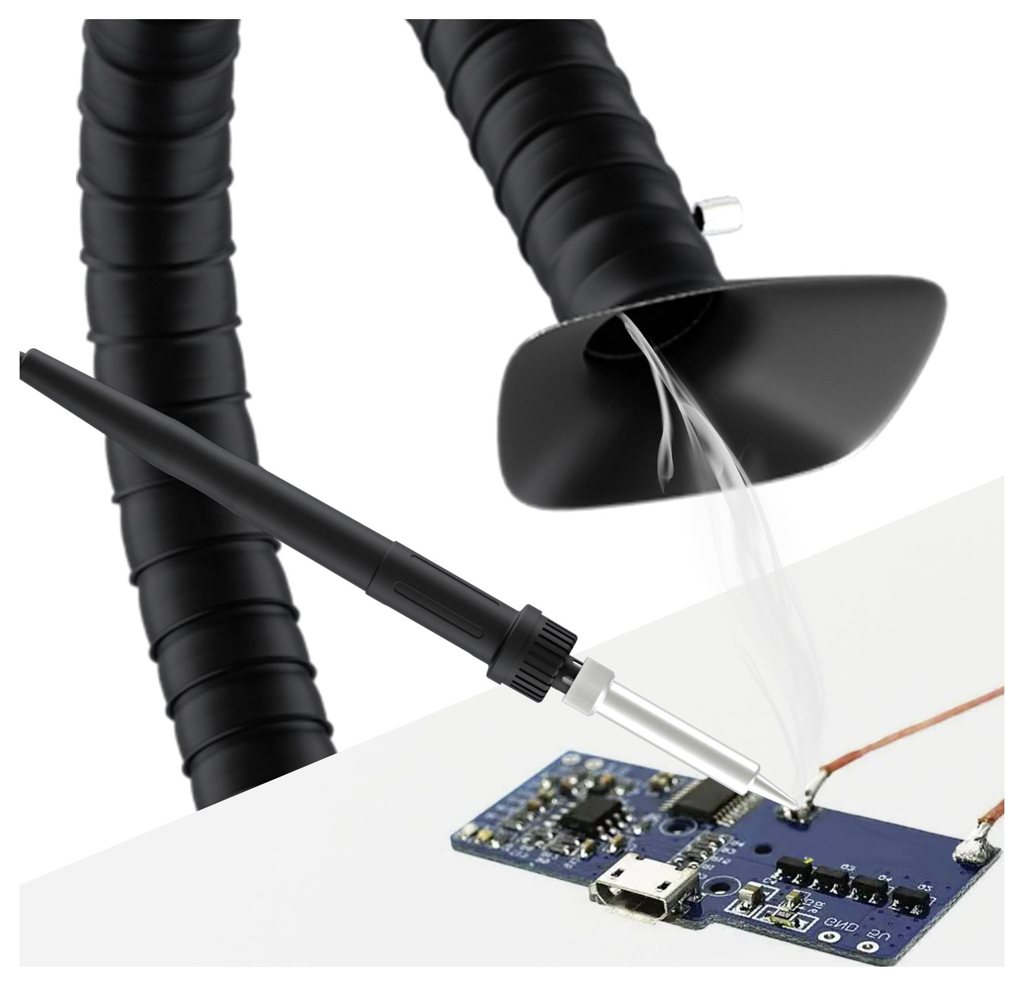 Soldering iron applies heat to a circuit board while a black fume extractor removes smoke, highlighting a safe electronics assembly process.