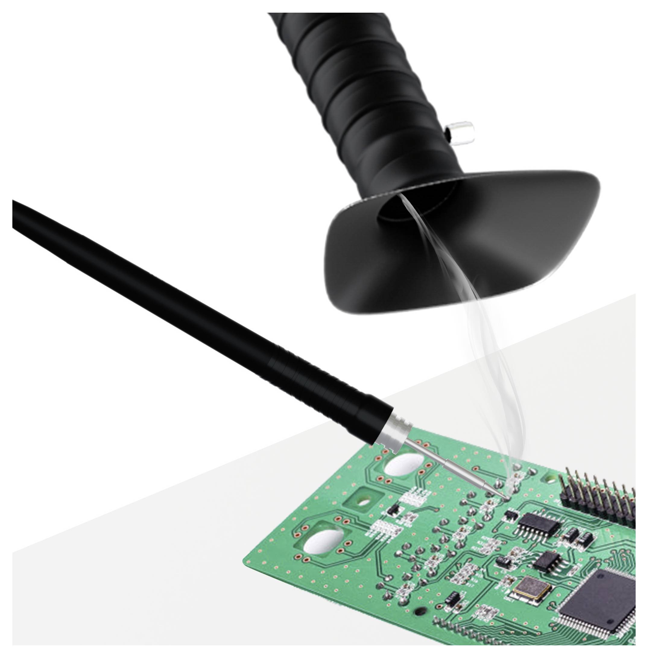 A soldering iron with a smoke extractor is positioned over an electronic circuit board, illustrating a safe soldering process.
