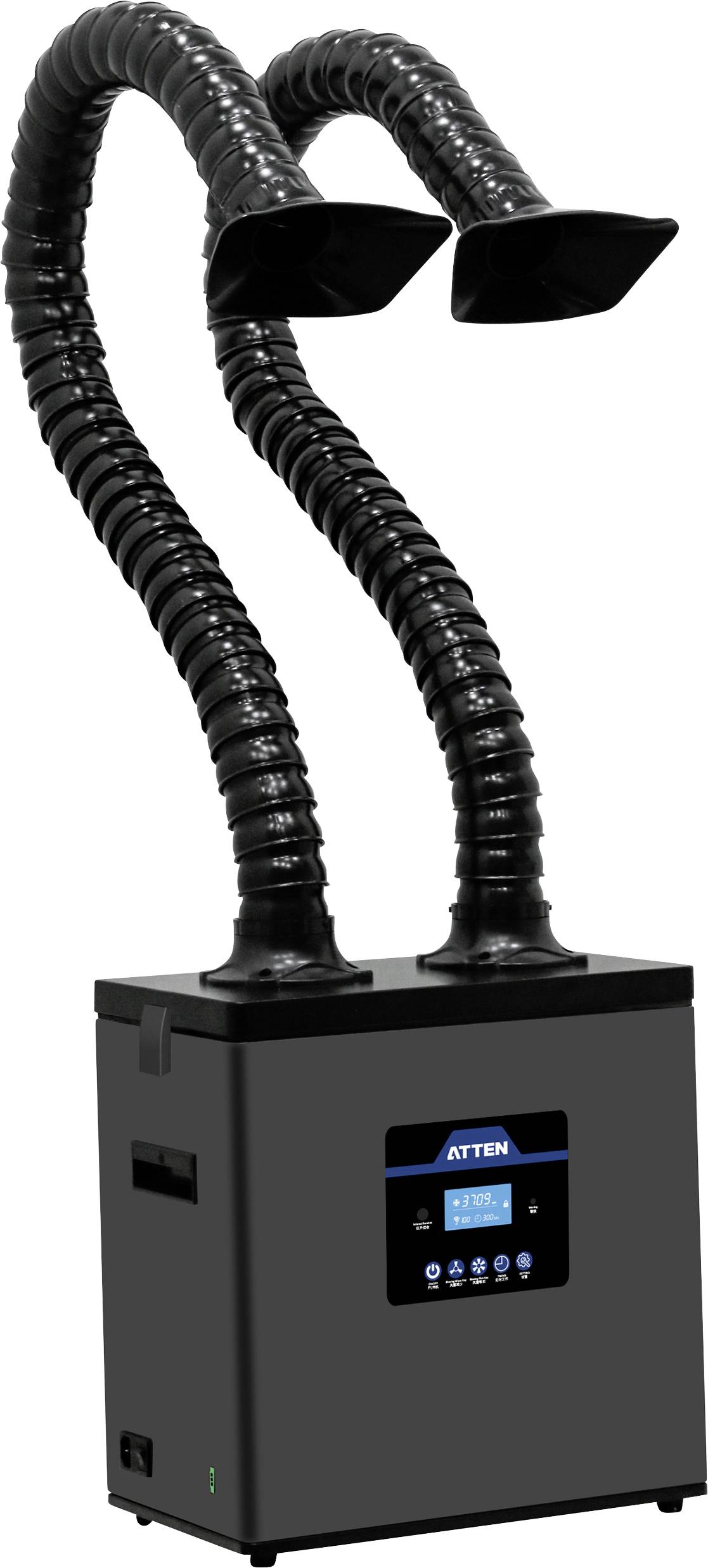 Portable fume extractor with dual flexible exhaust arms, digital control panel, and black finish, used for removing airborne contaminants.