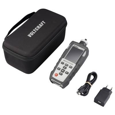 'VOLTCRAFT' branded black carrying case, electronic device with screen and buttons, USB cable, and charging adapter arranged on white background.