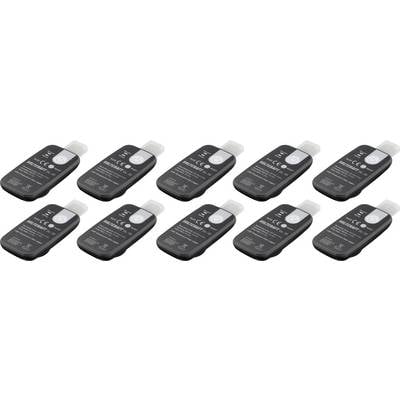 '10 black AC adapters with white prongs arranged in two rows, displaying technical specifications and safety symbols on each.'