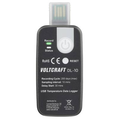 'VOLTCRAFT DL-10 USB Temperature Data Logger' showing recording and status indicators. Max 200-day cycle, 10-min sampling, 30-min delay start.