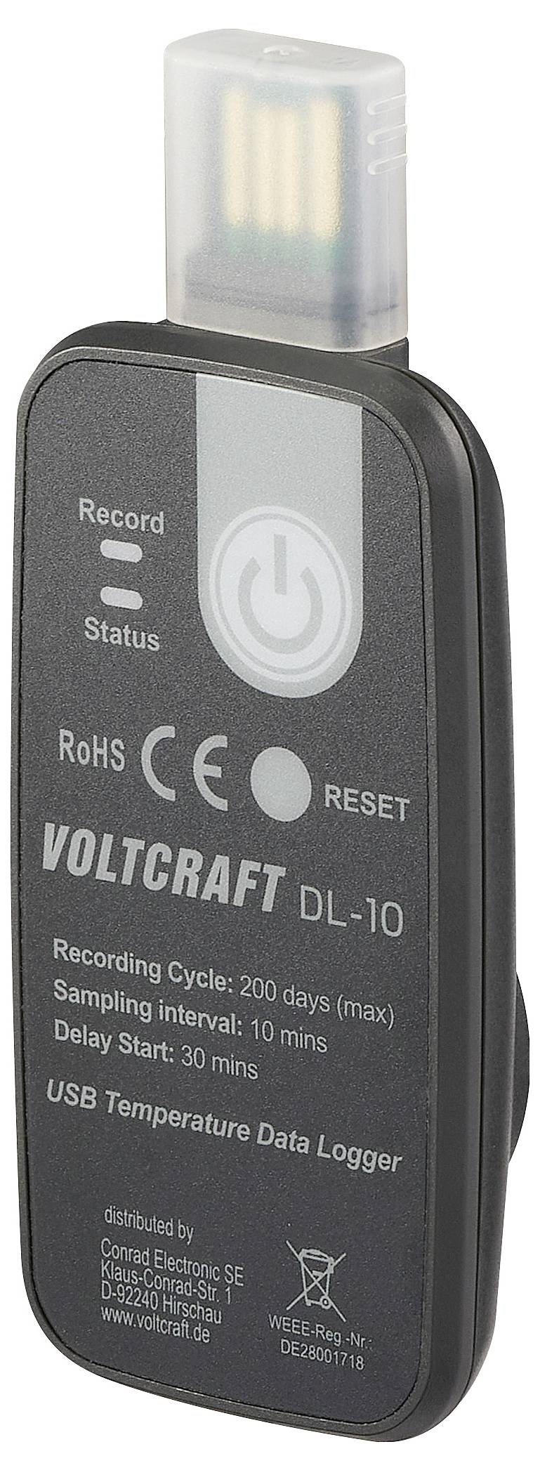 'Voltcraft DL-10', a USB temperature data logger with recording cycle up to 200 days, 10-minute sampling interval, and 30-minute delay start.