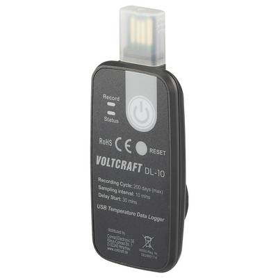 'Voltcraft DL-10', a USB temperature data logger with recording cycle up to 200 days, 10-minute sampling interval, and 30-minute delay start.