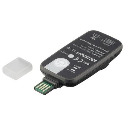 A USB data logger labeled 'VOLCRAFT DL-10' with a clear cap beside it, used for recording temperature and humidity data.