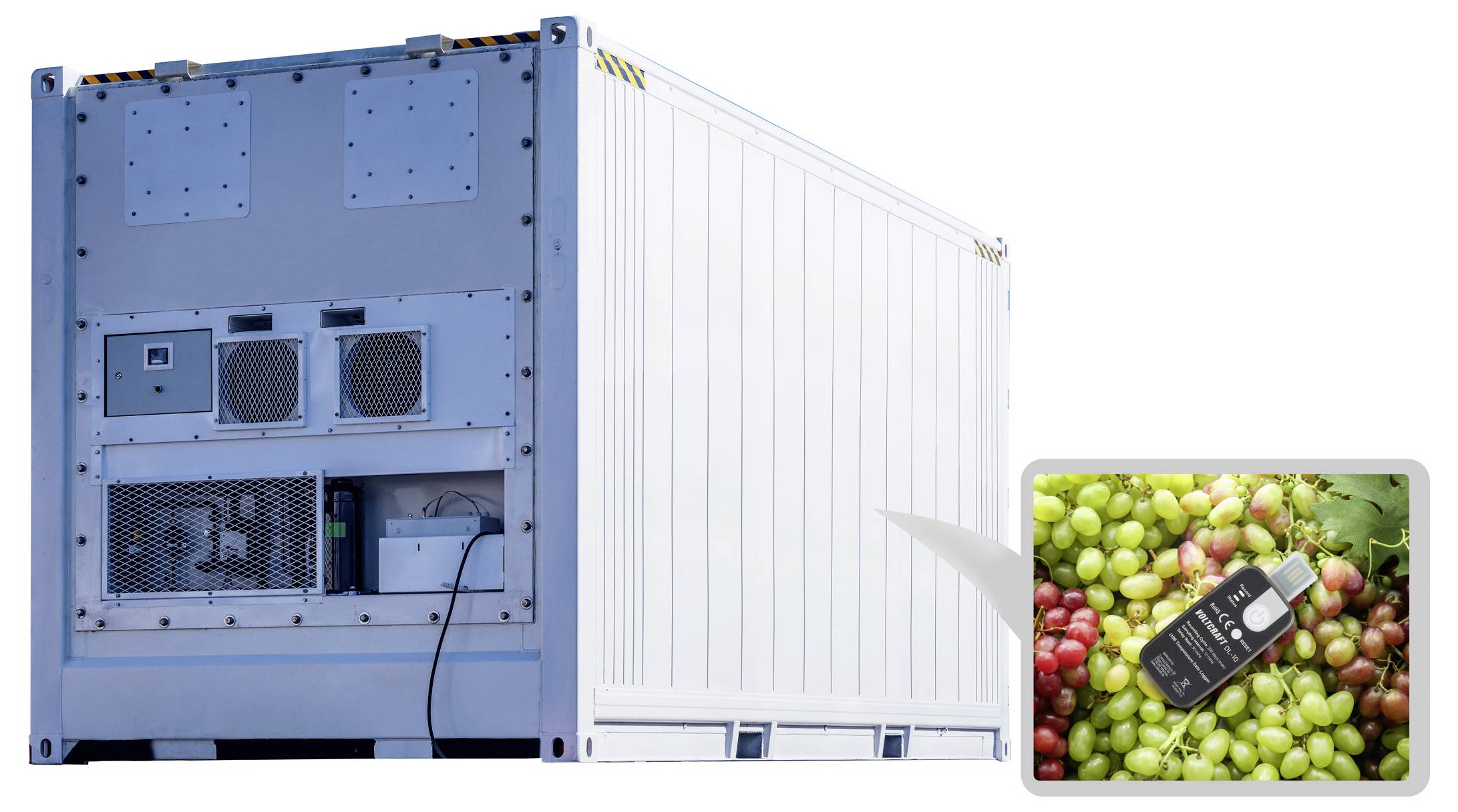 'Refrigerated shipping container with a close-up of grapes and a data logger, highlighting temperature control for transporting produce.'