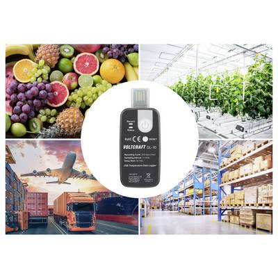 'Voltcraft DL-10' data logger surrounded by images of fruits, greenhouse, airplane with truck, and warehouse, indicating diverse applications.