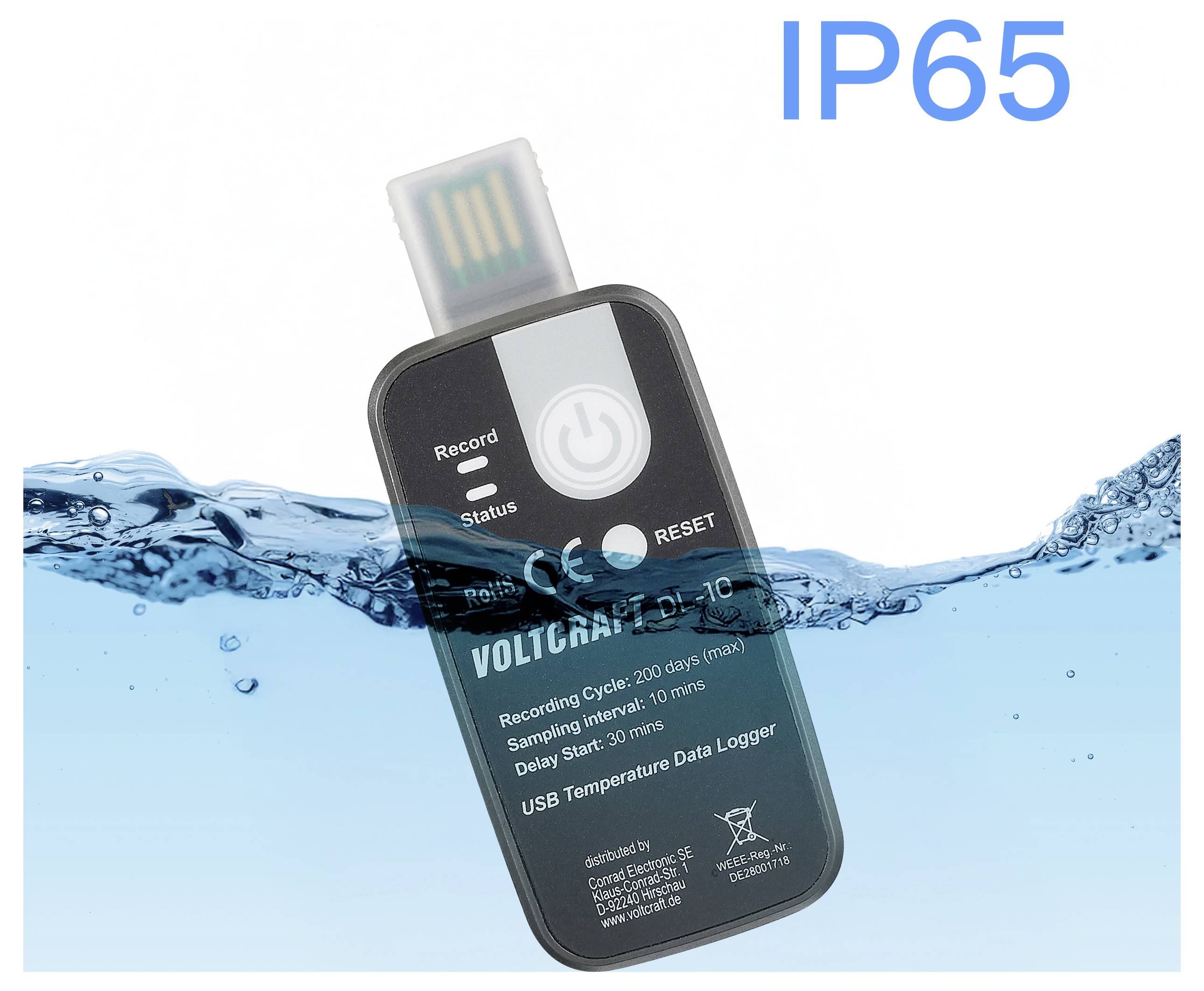 'Voltcraft DL-10' USB temperature data logger partially submerged in water, highlighting its IP65 water-resistant rating.