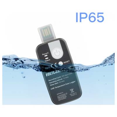 'Voltcraft DL-10' USB temperature data logger partially submerged in water, highlighting its IP65 water-resistant rating.