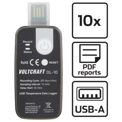 'Voltcraft DL-10 USB Temperature Data Logger with LED Indicators for Record and Status, 200-day max cycle, 10 PDF reports.'