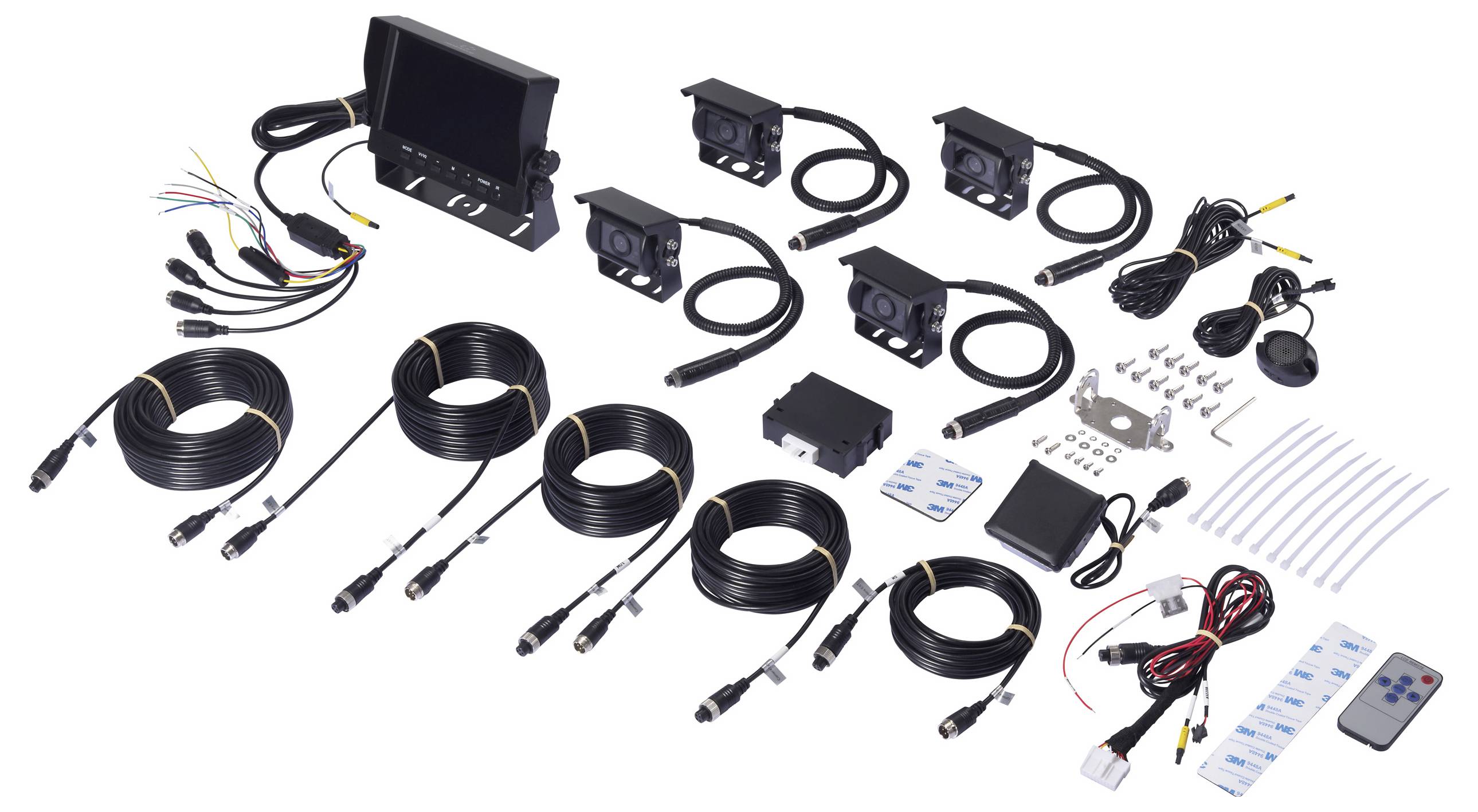 Four vehicle cameras, cables, a control unit, remote, screws, and a monitor with connectors arranged for installation.