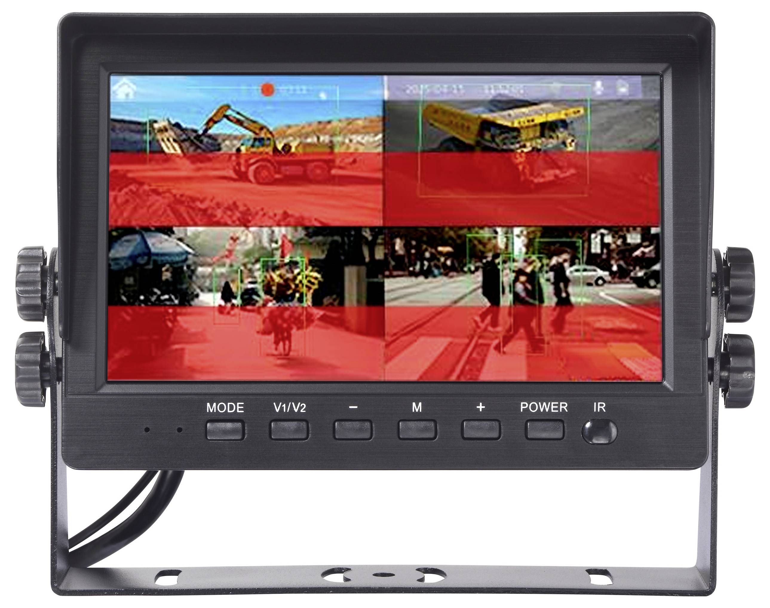 A monitor screen displays a surveillance system with four camera feeds showing a construction site, highlighted in red for motion detection.