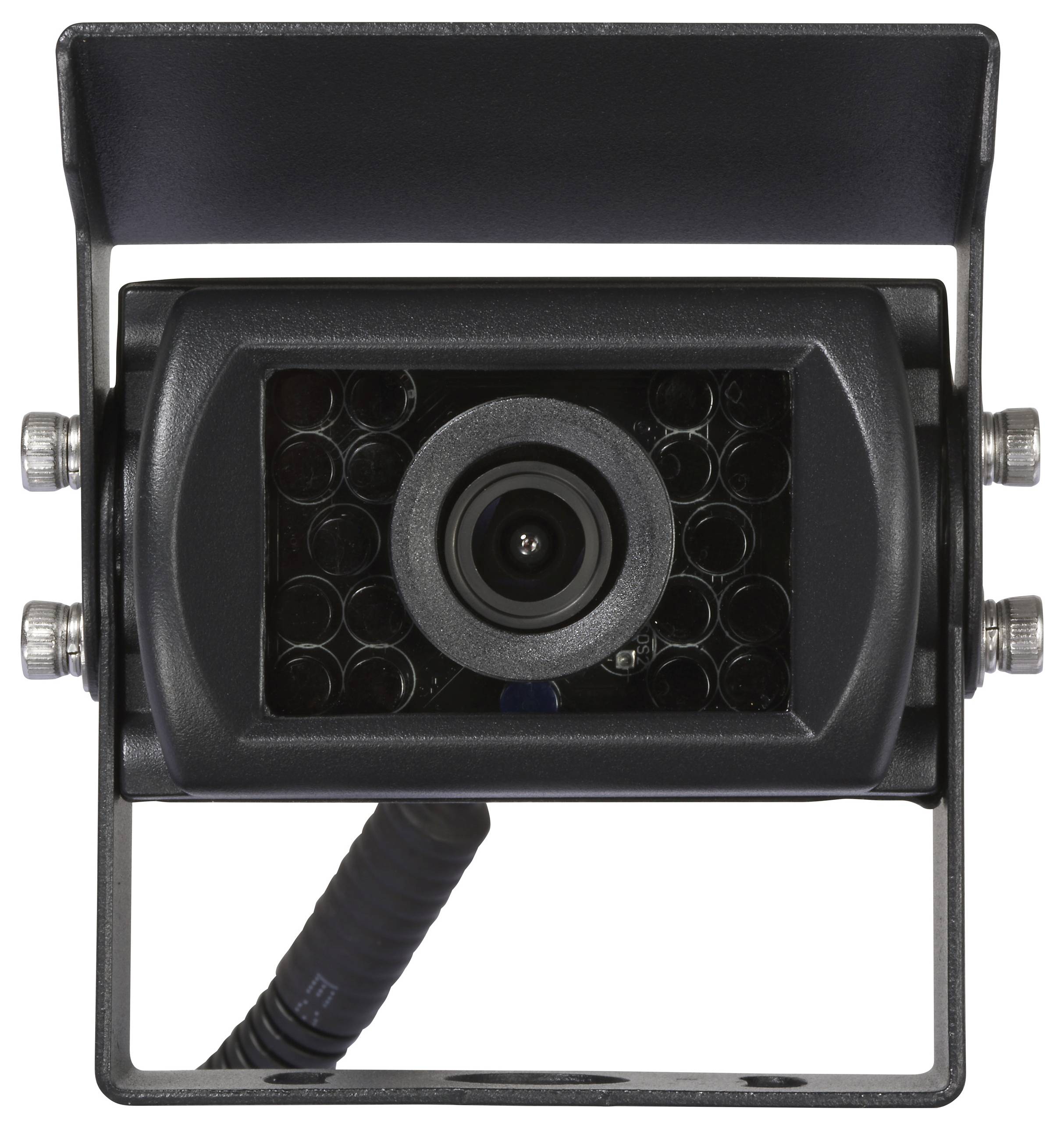 A black security camera with a dark housing and visible lens, mounted on a bracket, facing forward.