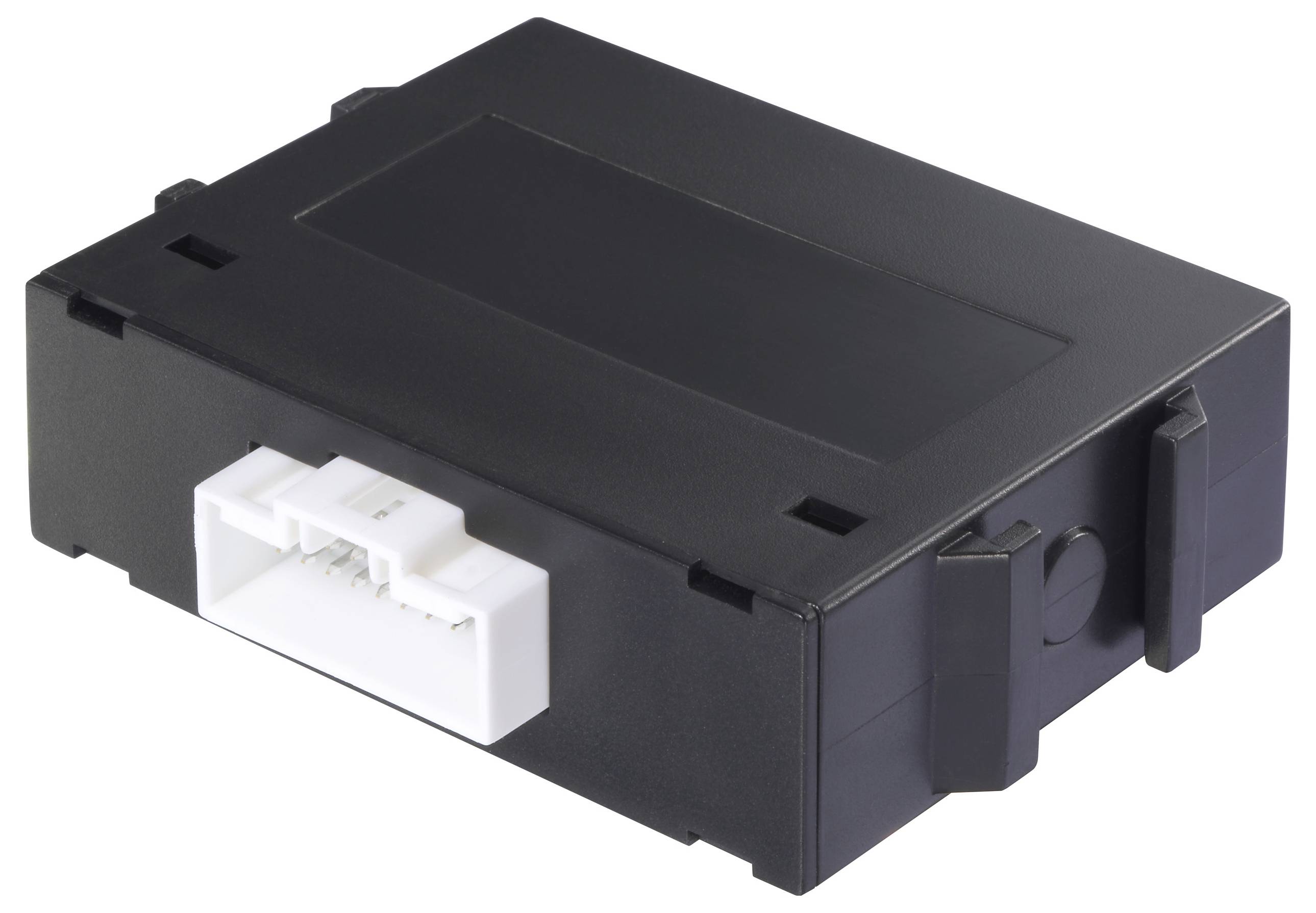 A black electronic device with a white connector port, likely a component for automotive or industrial use.