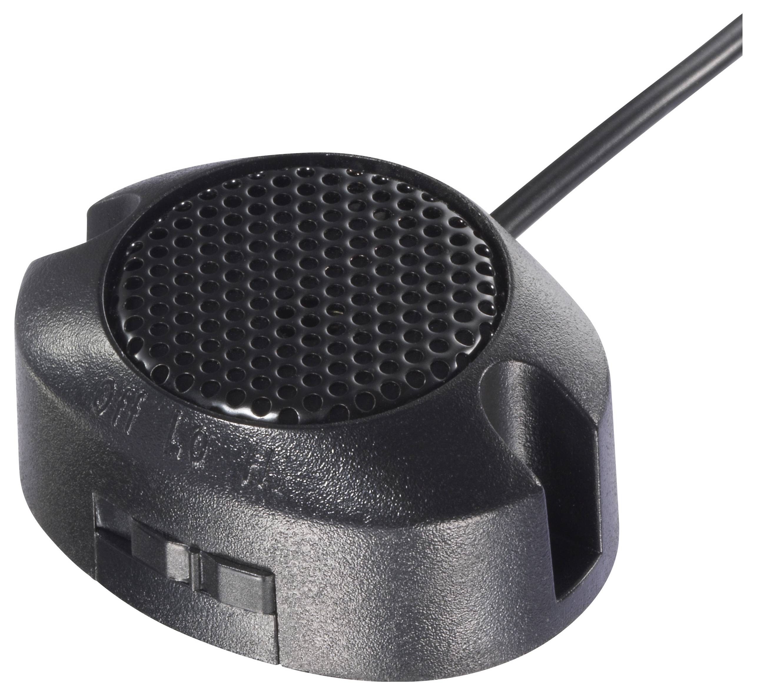 A black, round speaker with a perforated surface and a cable connected, designed for sound output in electronic devices or systems.