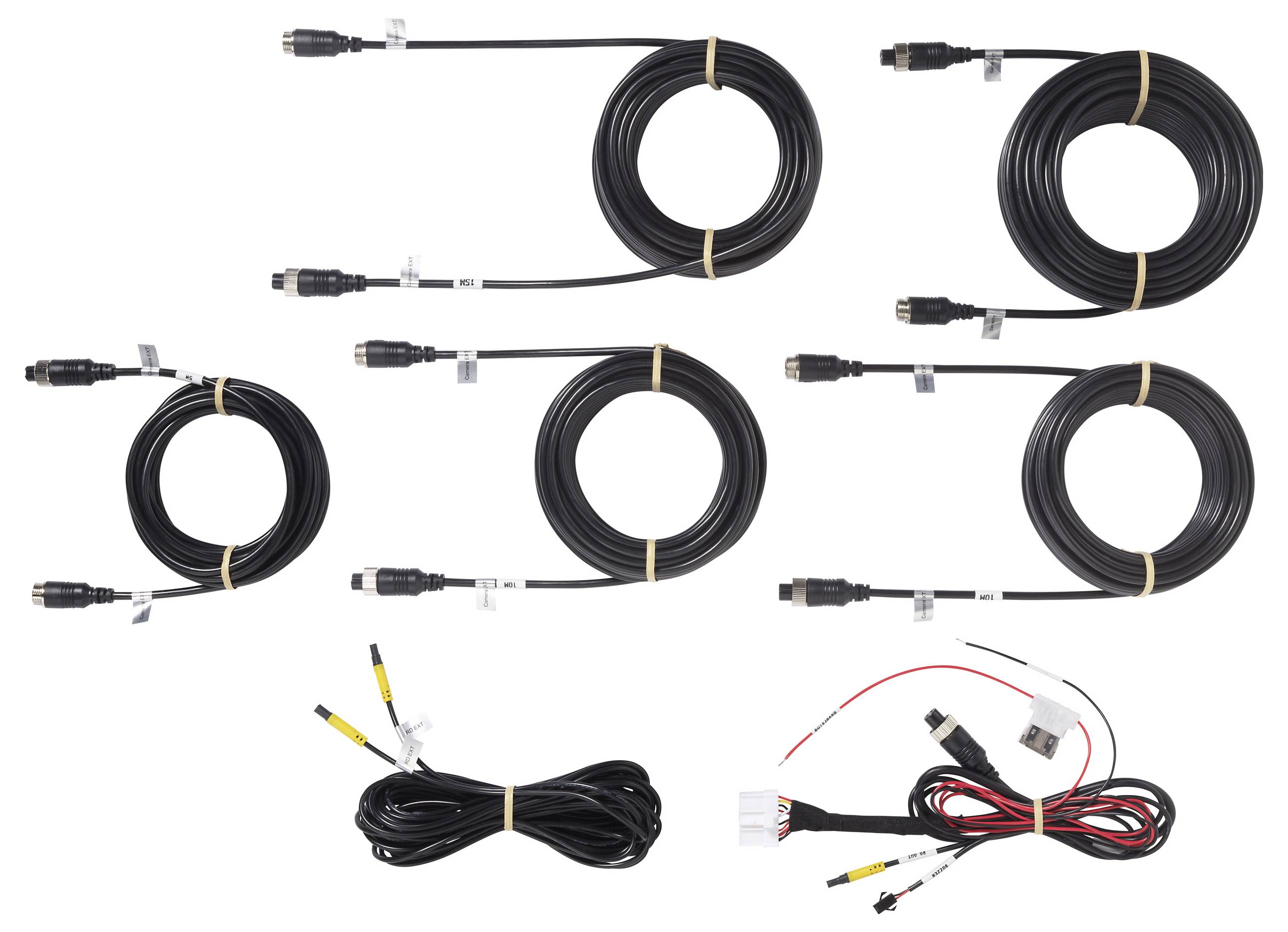 'Image showing six coiled black cables with connectors and one set of interconnected wires, likely for an electronic setup or installation.'